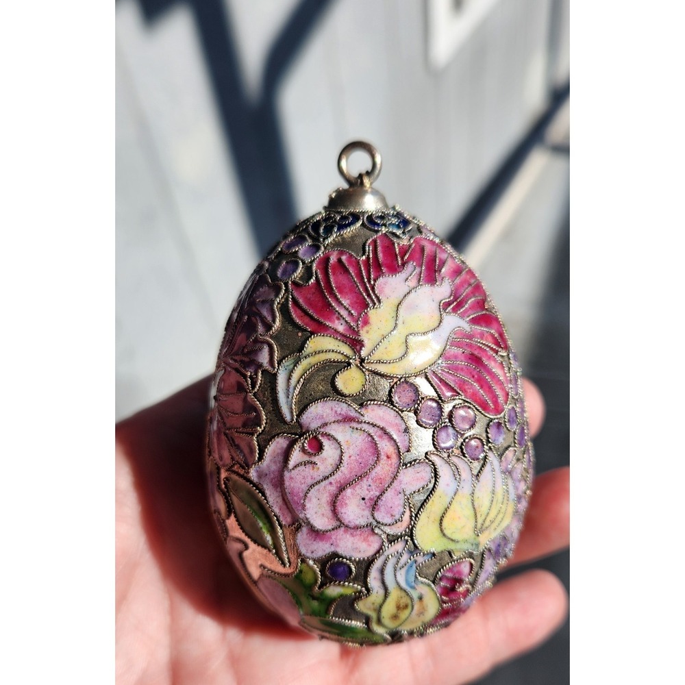 Vintage Cloisonne Egg Enamel Metal Detailed Pink Purple Green Floral 4"